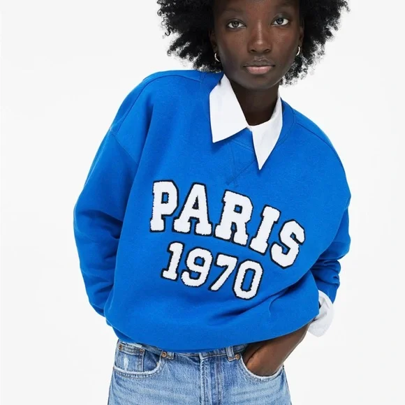 NWT H&M Blue Paris Sweatshirt with Sherpa Letters - Picture 3 of 13